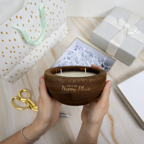 Pavilion Gift Company Happy Place 8.5 Oz - 100% Soy Wax Decorative Wooden Dough Bowl Candle Scent: White Jasmine