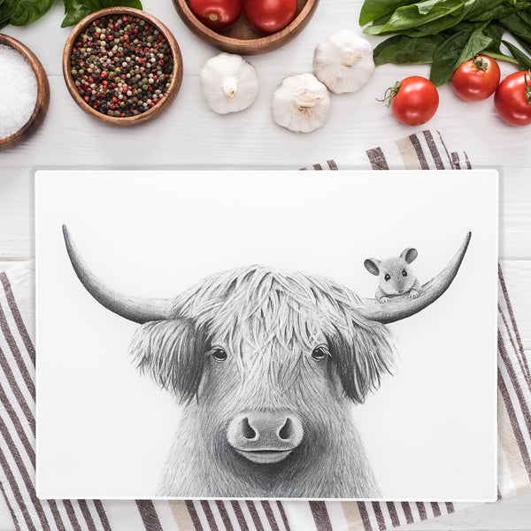 Pavilion Gift Company Highland Cow 13.75" X 9.75" Glass Cutting Board