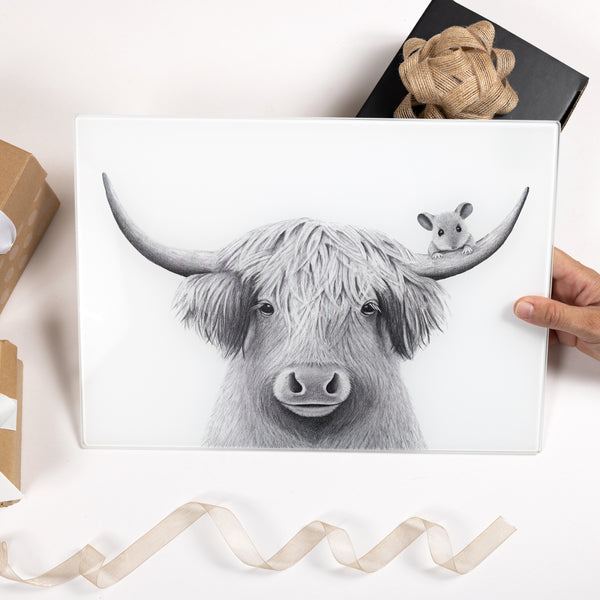 Pavilion Gift Company Highland Cow 13.75" X 9.75" Glass Cutting Board