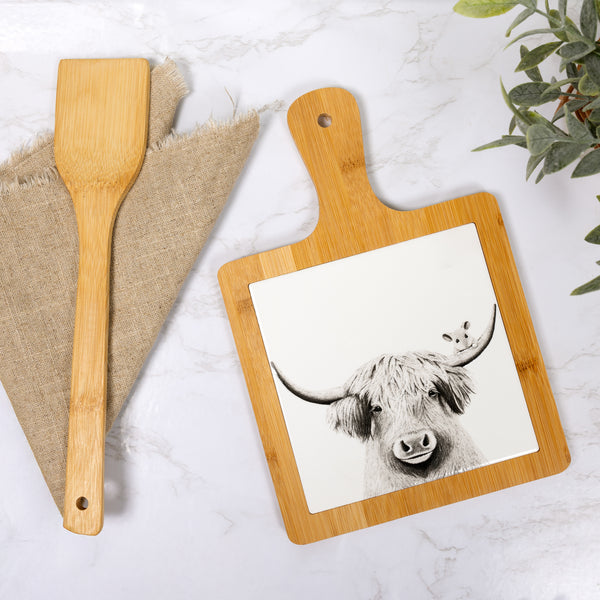 Pavilion Gift Company Highland Cow 7.5" Bamboo & Ceramic Tile Trivet