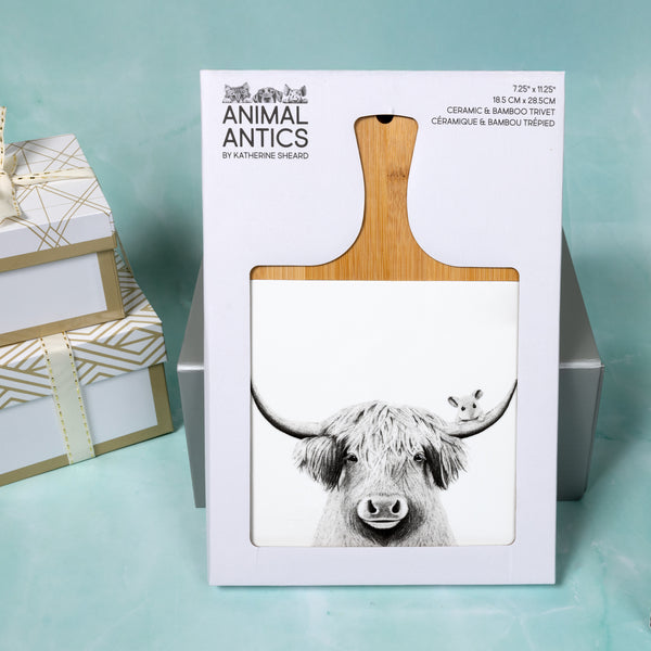 Pavilion Gift Company Highland Cow 7.5" Bamboo & Ceramic Tile Trivet