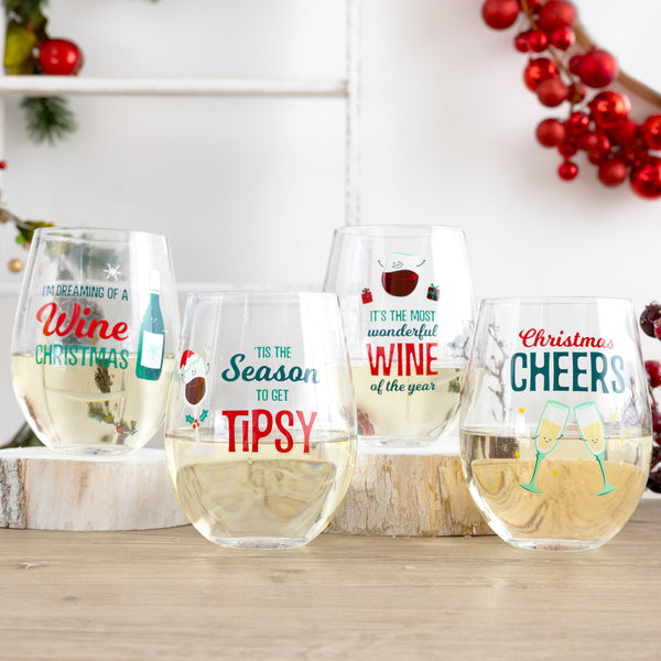 Pavilion Gift Company Holiday Wine Glasses 18 Oz Stemless Wine Glasses (Set Of 4 )