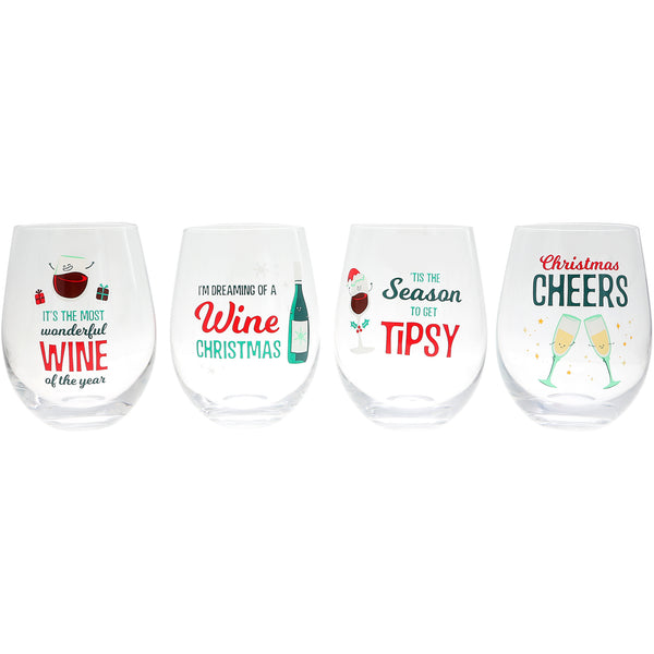 pavilion gift company Holiday Wine Glasses 18 oz Stemless Wine Glasses (Set of 4 )
