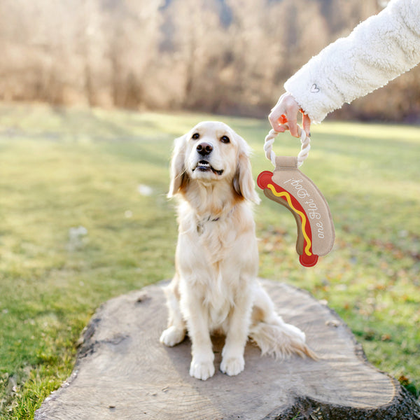 Pavilion Gift Company Hot Dog 12.75" Canvas Dog Toy On Rope