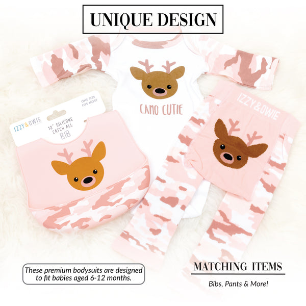 Pavilion Gift Company Jewel Pink Camo Deer 6-12 Months 3/4 Sleeve Bodysuit