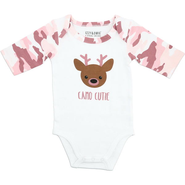 pavilion gift company Jewel Pink Camo Deer 6-12 Months 3/4 Sleeve Bodysuit