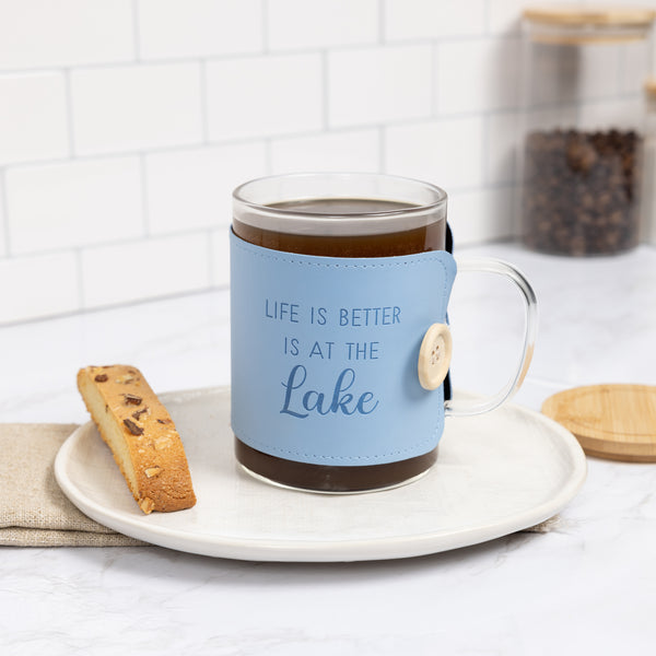 Pavilion Gift Company Lake 16 Oz Wrapped Glass Mug With Coaster Lid