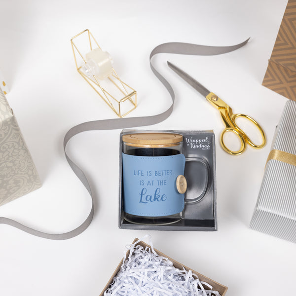 Pavilion Gift Company Lake 16 Oz Wrapped Glass Mug With Coaster Lid