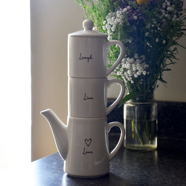 Pavilion Gift Company Live Laugh Love Tea For Two Set (15 Oz Teapot With 2 - 8 Oz Cups)