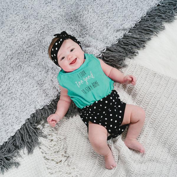 Pavilion Gift Company Look Too Good 6-12 Months Teal & Black Romper With Headband