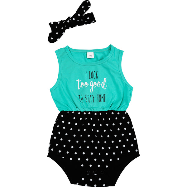 pavilion gift company Look Too Good 6-12 Months Teal & Black Romper with Headband