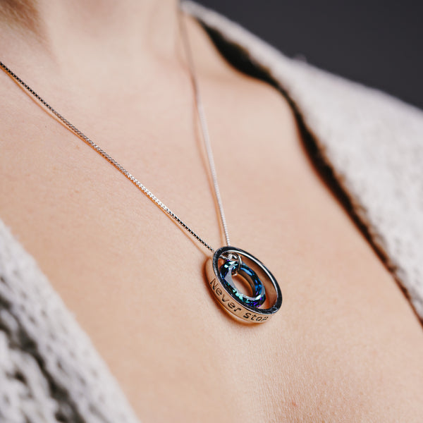 Pavilion Gift Company Look Up Bermuda Blue Crystal 17"-19" Engraved Rhodium Plated Austrian Element Necklace