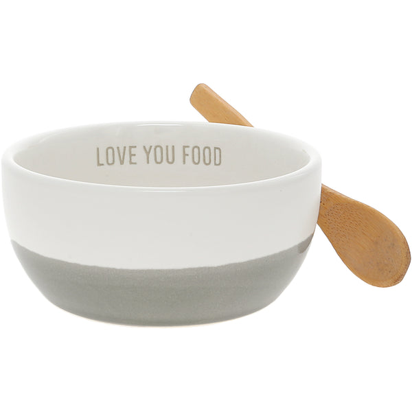 pavilion gift company Love You Food 4.5" Ceramic Bowl with Bamboo Spoon