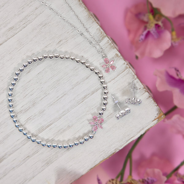 Pavilion Gift Company Love You Lots 10mm Silver-Plated Cubic Zirconia Flower Stud Earrings And 16.5"-18.5" Necklace
