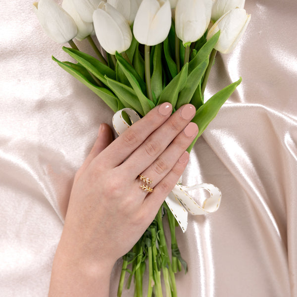 Pavilion Gift Company Love You White Zircon Leaf - Adjustable 14K Gold Plated Ring