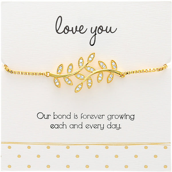 pavilion gift company Love You White Zircon Leaf - Gold Plated Adjustable Bracelet