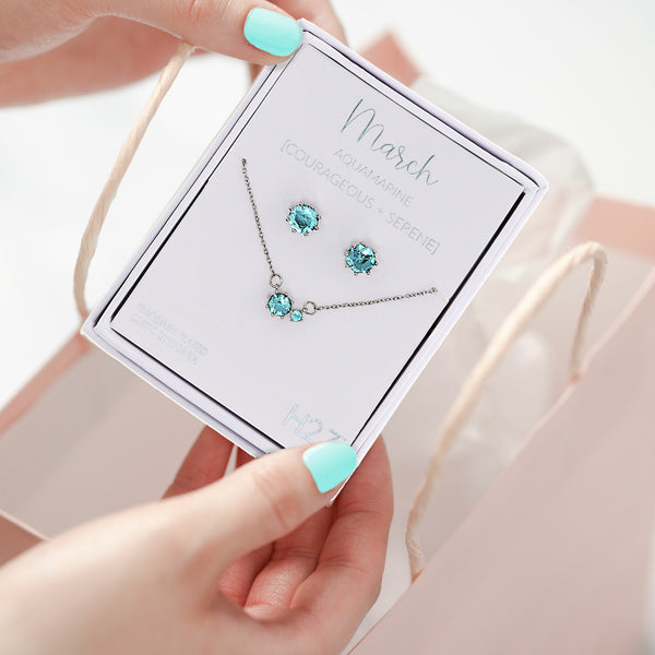 Pavilion Gift Company March Aquamarine 16.5"-18.5" Birthstone Jewelry Gift Set