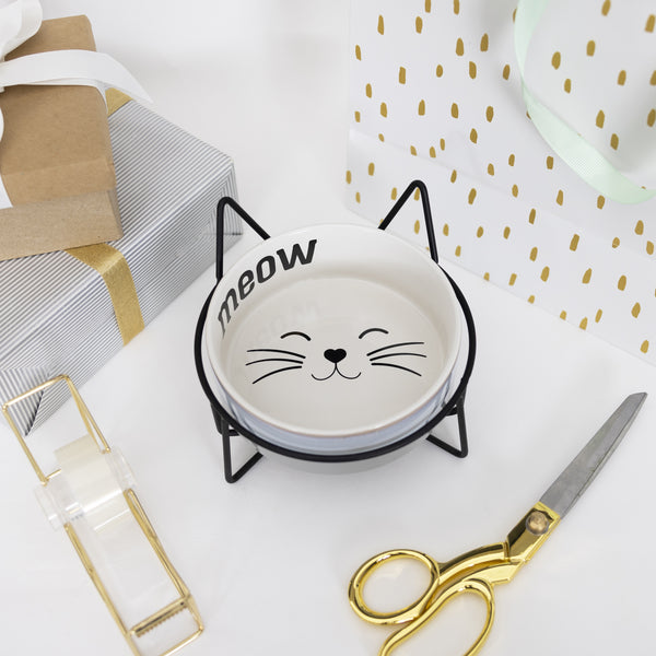 Pavilion Gift Company Meow 13 Oz Ceramic Pet Bowl With Metal Stand