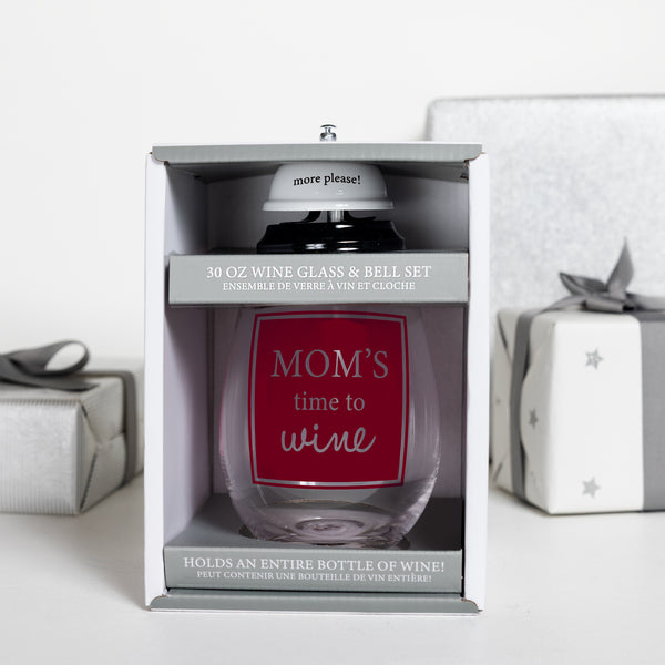 Pavilion Gift Company Mom's Time 30 Oz Wine Glass & Bell Set