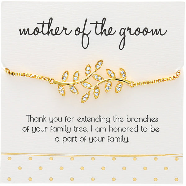 pavilion gift company Mother of the Groom White Zircon Leaf - Gold Plated Adjustable Bracelet