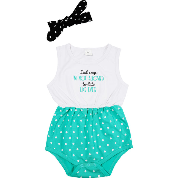 pavilion gift company Not Allowed 6-12 Months White & Teal Romper with Headband