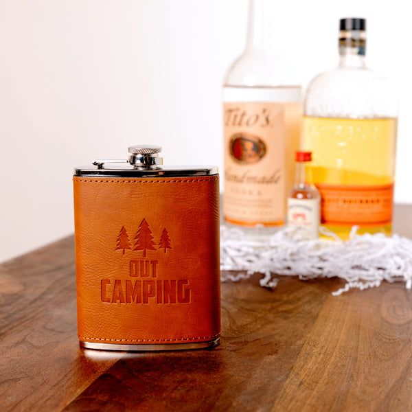 Pavilion Gift Company Out Camping PU Leather & Stainless Steel 8 Oz Flask