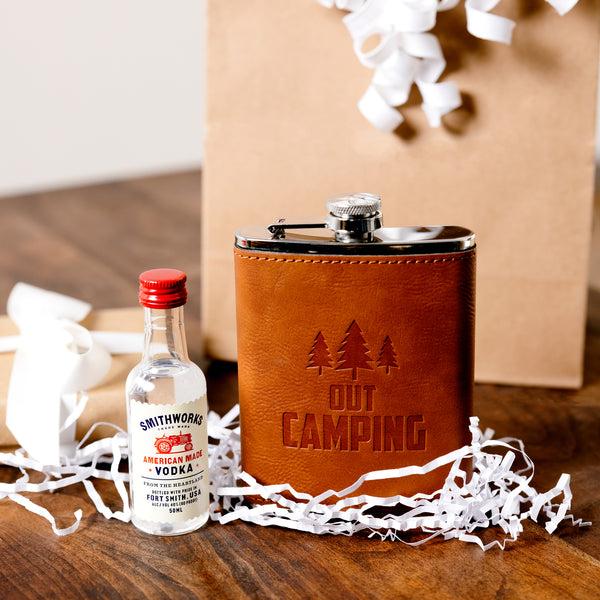 Pavilion Gift Company Out Camping PU Leather & Stainless Steel 8 Oz Flask