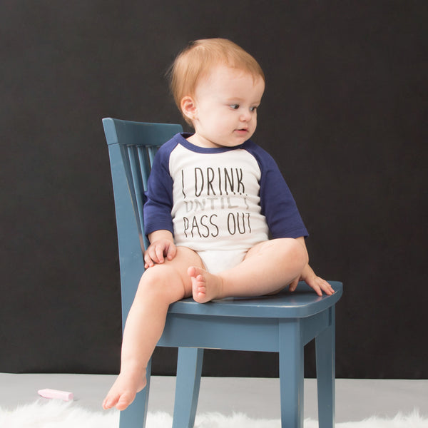Pavilion Gift Company Pass Out 12-24 Months 3/4 Length Navy Sleeve Onesie