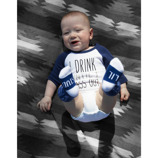 Pavilion Gift Company Pass Out 12-24 Months 3/4 Length Navy Sleeve Onesie