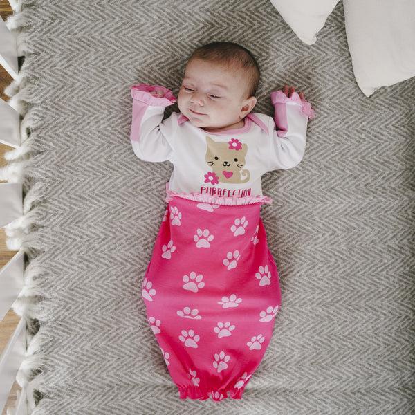Pavilion Gift Company Pawprint Kitty 0-3 Months Gown With Mitten Cuffs