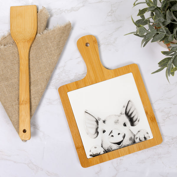 Pavilion Gift Company Pig 7.5" Bamboo & Ceramic Tile Trivet