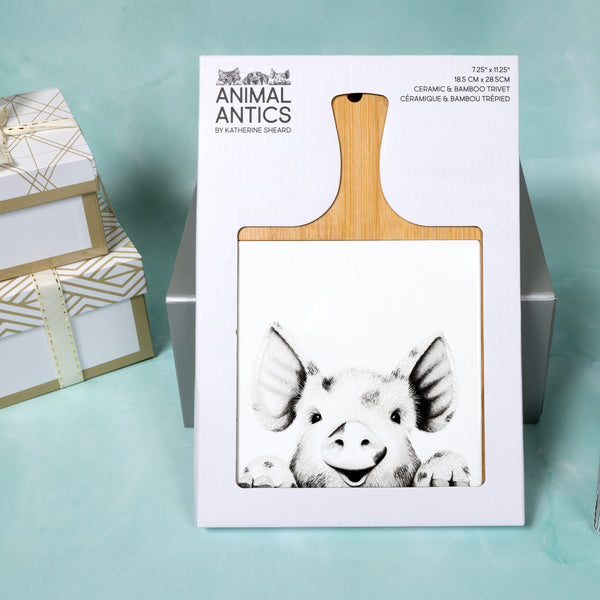 Pavilion Gift Company Pig 7.5" Bamboo & Ceramic Tile Trivet