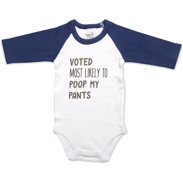 pavilion gift company Poop My Pants 6-12 Months 3/4 Length Navy Sleeve Onesie