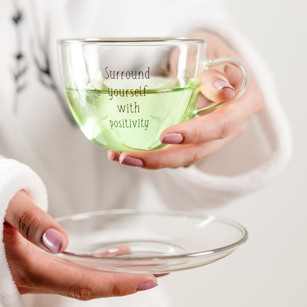 Pavilion Gift Company Positivity 7 Oz Glass Teacup And Saucer