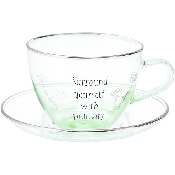 pavilion gift company Positivity 7 oz Glass Teacup and Saucer