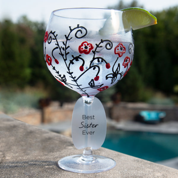 Pavilion Gift Company Red Flowers & Swirls 24 Oz Hand Decorated Glass