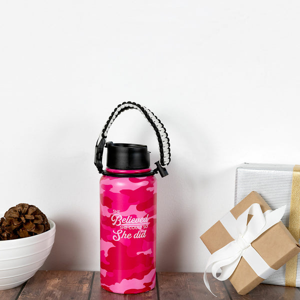 Pavilion Gift Company She Believed 32 Oz Stainless Steel Water Bottle With Paracord Survival Handle