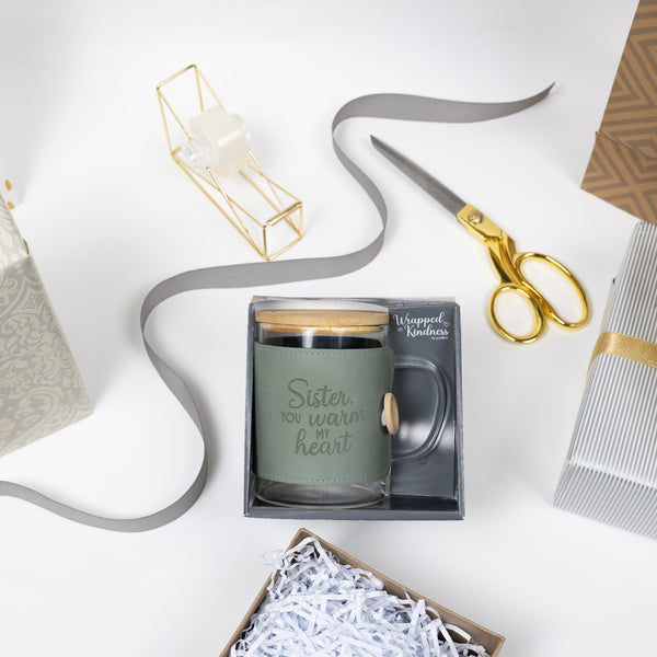 Pavilion Gift Company Sister 16 Oz Wrapped Glass Mug With Coaster Lid