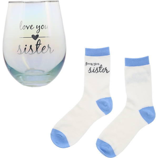 pavilion gift company Sister 18 oz Stemless Glass & Sock Set