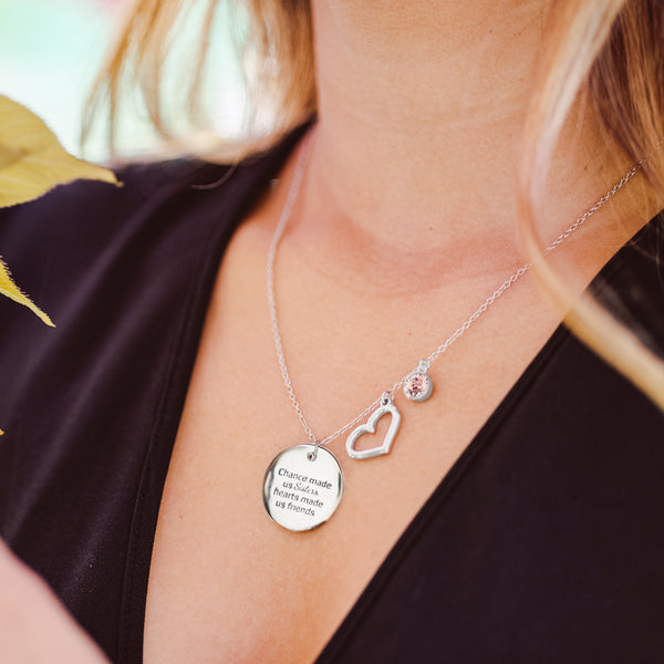 Pavilion Gift Company Sisters Light Rose Crystal 16.5"-20.5" Engraved Rhodium Plated Austrian Element Necklace