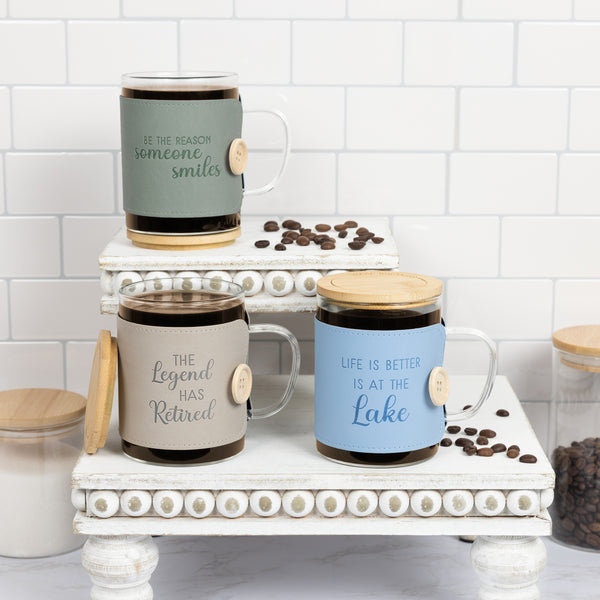 Pavilion Gift Company Smiles 16 Oz Wrapped Glass Mug With Coaster Lid