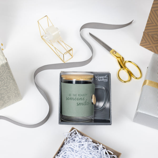 Pavilion Gift Company Smiles 16 Oz Wrapped Glass Mug With Coaster Lid