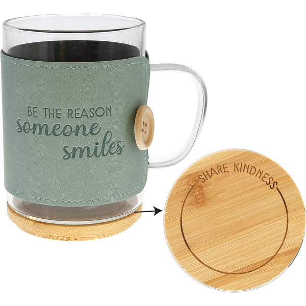 pavilion gift company Smiles 16 oz Wrapped Glass Mug with Coaster Lid