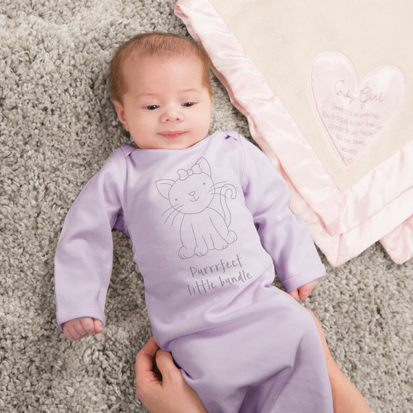 Pavilion Gift Company Soft Lavender Kitty 0-3 Months Gown With Mitten Cuffs