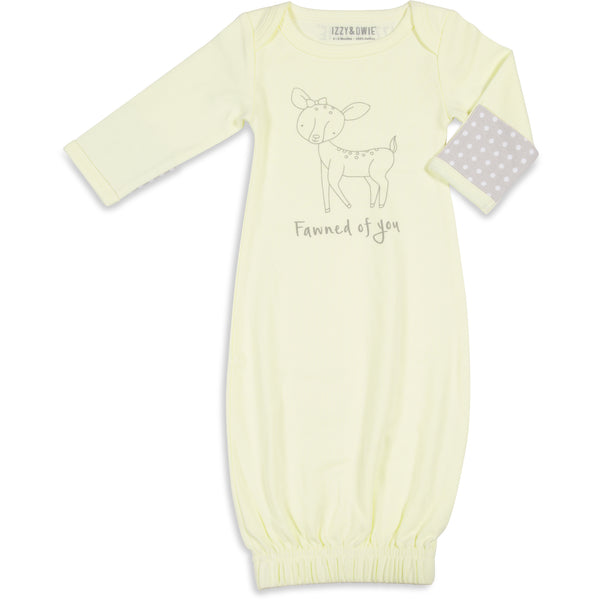 pavilion gift company Soft Yellow Deer 0-3 Months Gown with Mitten Cuffs
