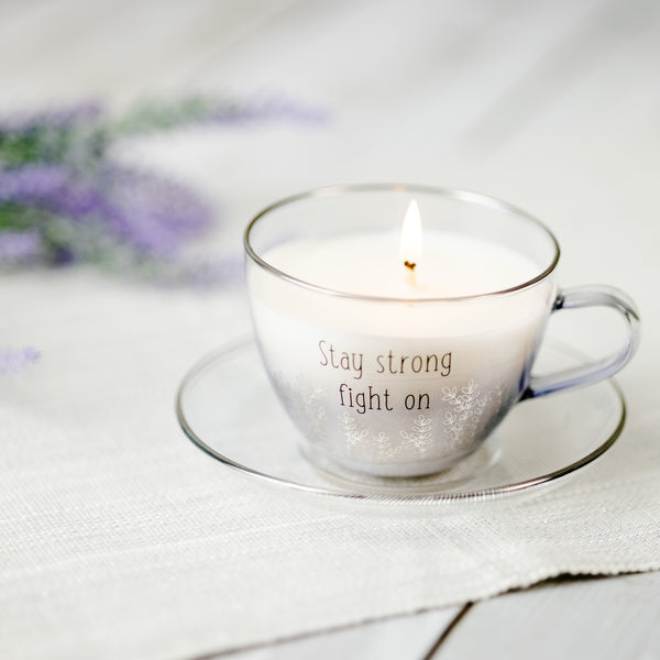 Pavilion Gift Company Stay Strong 6 Oz - 100% Soy Wax Teacup Candle With Saucer Scent: Fresh Cotton