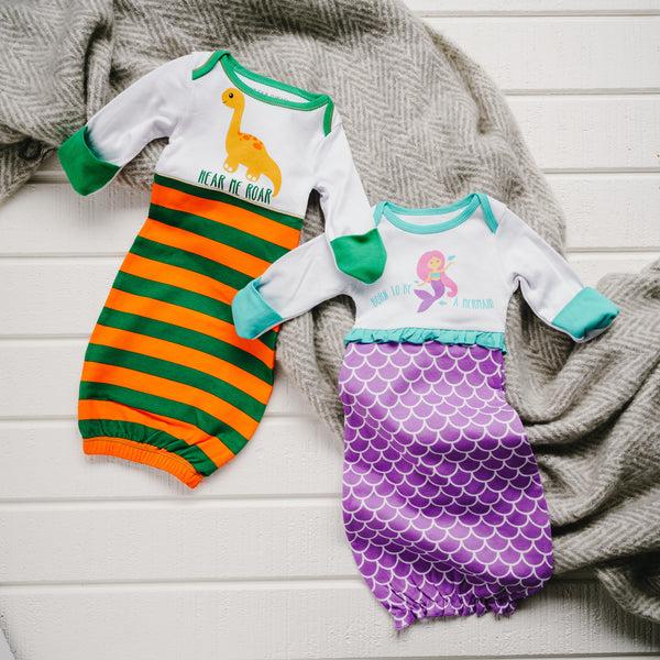 Pavilion Gift Company Striped Dino 0-3 Months Gown With Mitten Cuffs