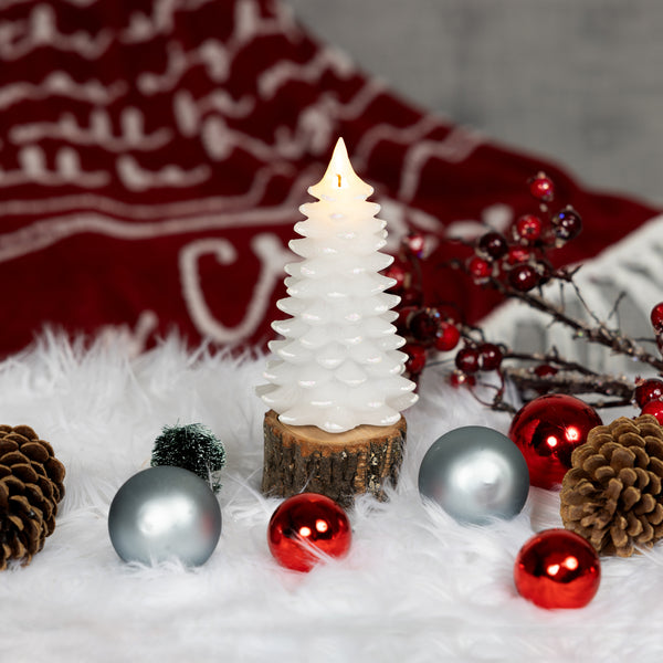 Pavilion Gift Company White Frosted Pine Tree 6" Realistic Flame LED Lit Candle