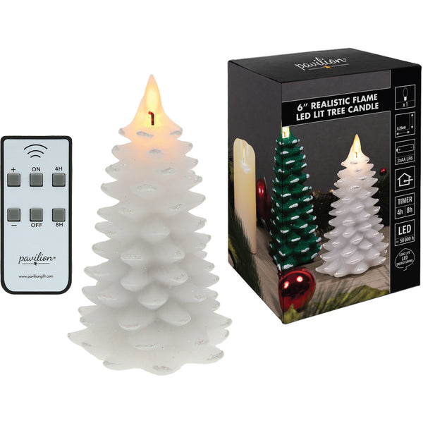 pavilion gift company White Frosted Pine Tree 6" Realistic Flame LED Lit Candle