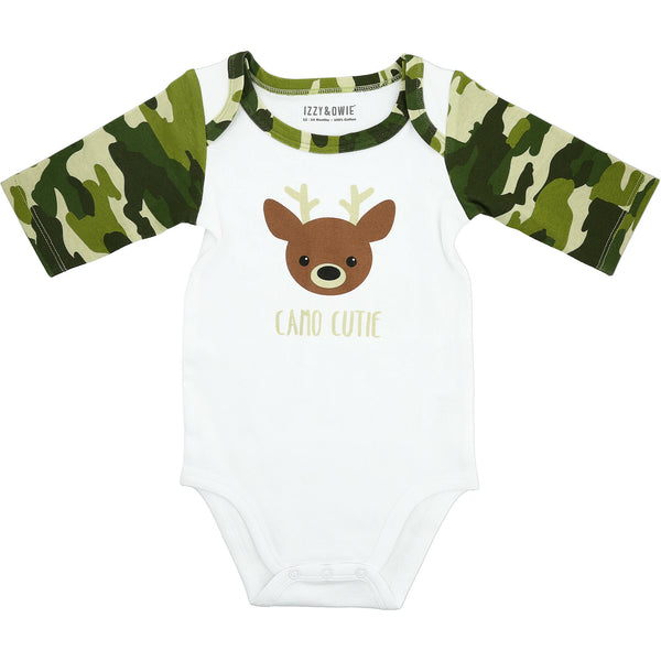 pavilion gift company Woodland Green Camo Deer 6-12 Months 3/4 Sleeve Bodysuit